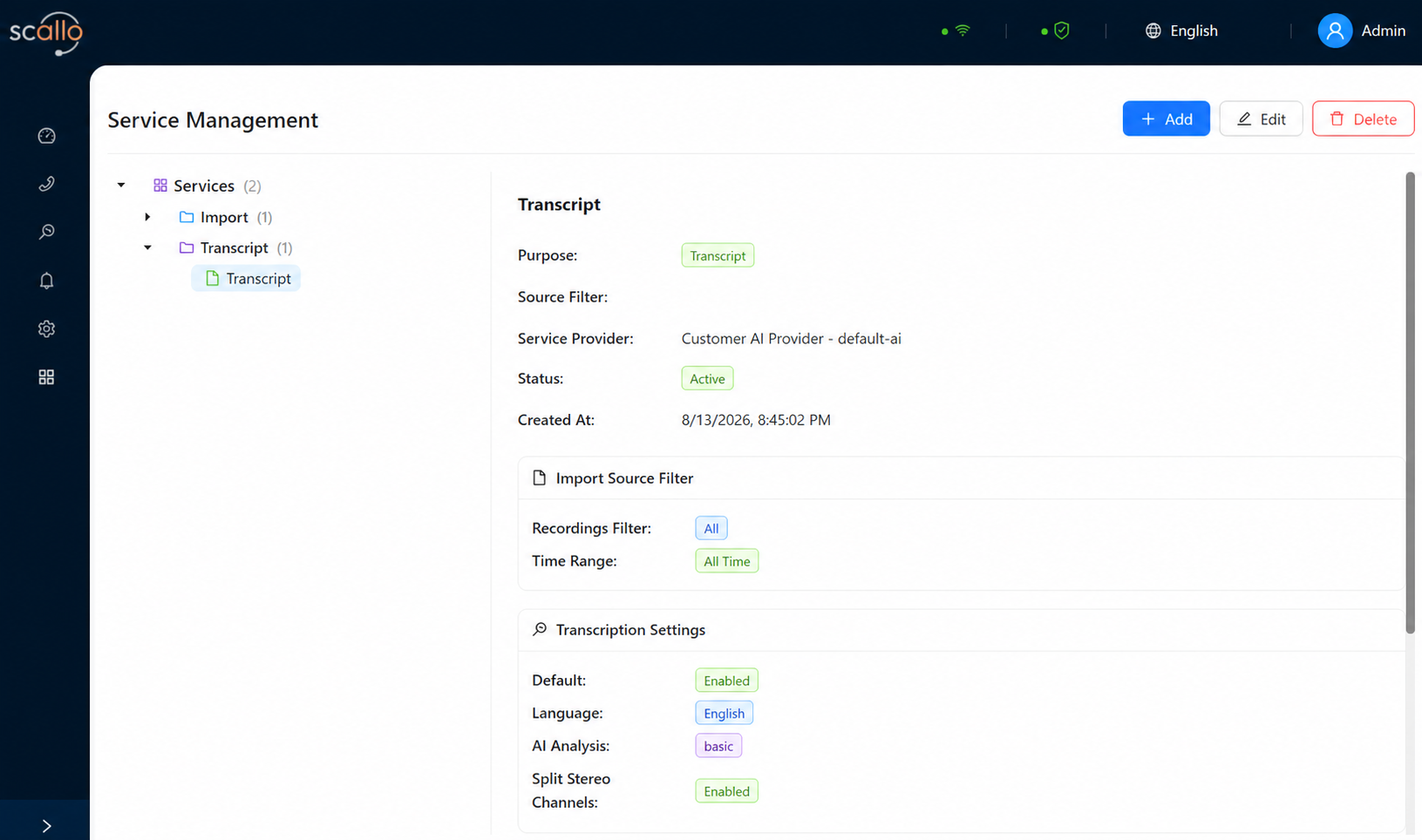 Scallo Service Management workspace showing a Customer AI Provider configured for English transcription and AI analysis