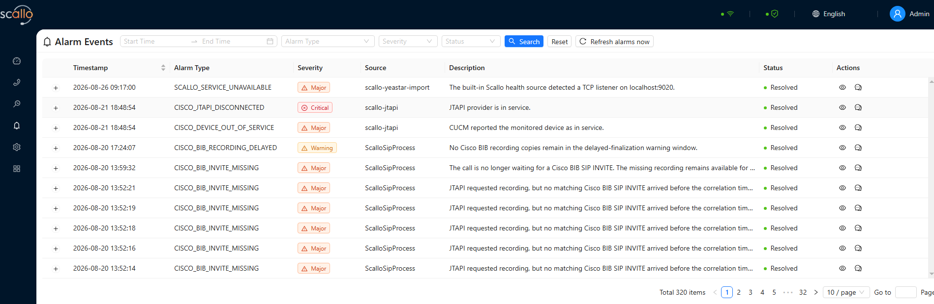 Scallo Alarm Events showing timestamps, alarm types, severity, and source