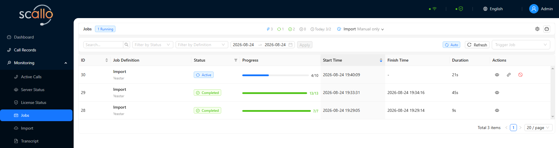 Scallo Jobs workspace showing active and completed recording import jobs with progress, timing, and actions