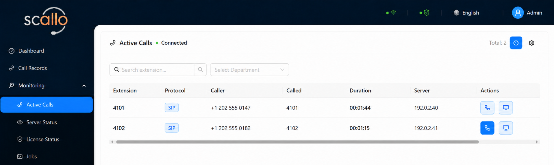 Scallo Active Calls workspace showing active call records and authorized listening and live screen actions