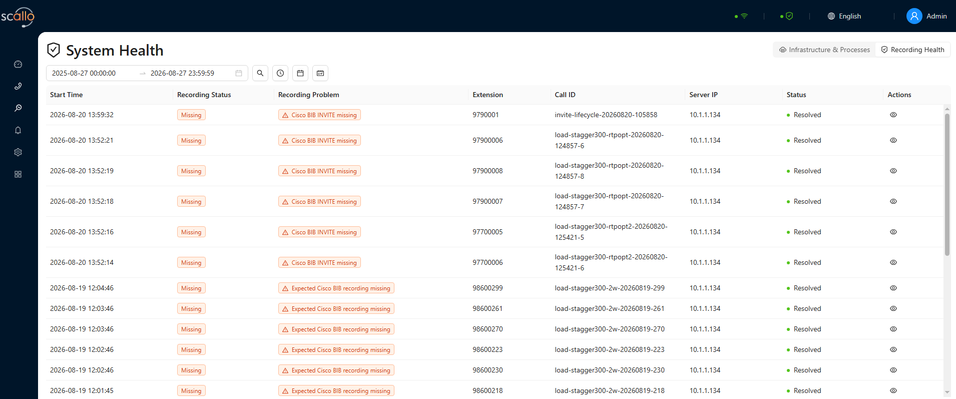 Scallo Recording Health showing missing recording conditions by time, status, problem, and extension