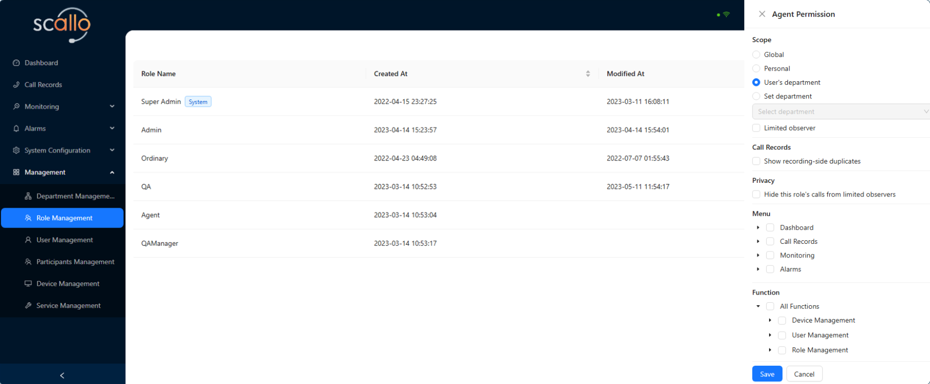 Scallo Role Management and Agent Permission settings showing data scope, menu access, and function permissions