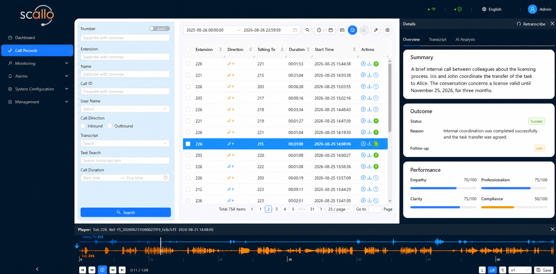 Scallo Call Records workspace with filtered interactions, AI analysis, and waveform playback