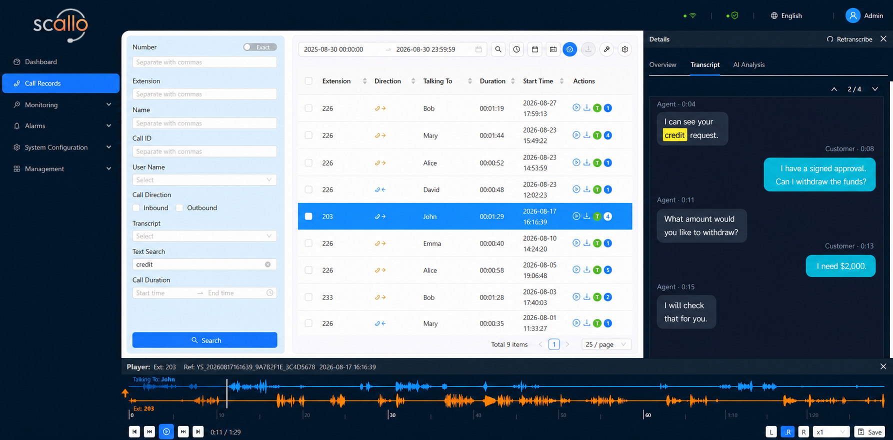 Scallo Call Records transcript workspace with spoken phrase search and synchronized playback