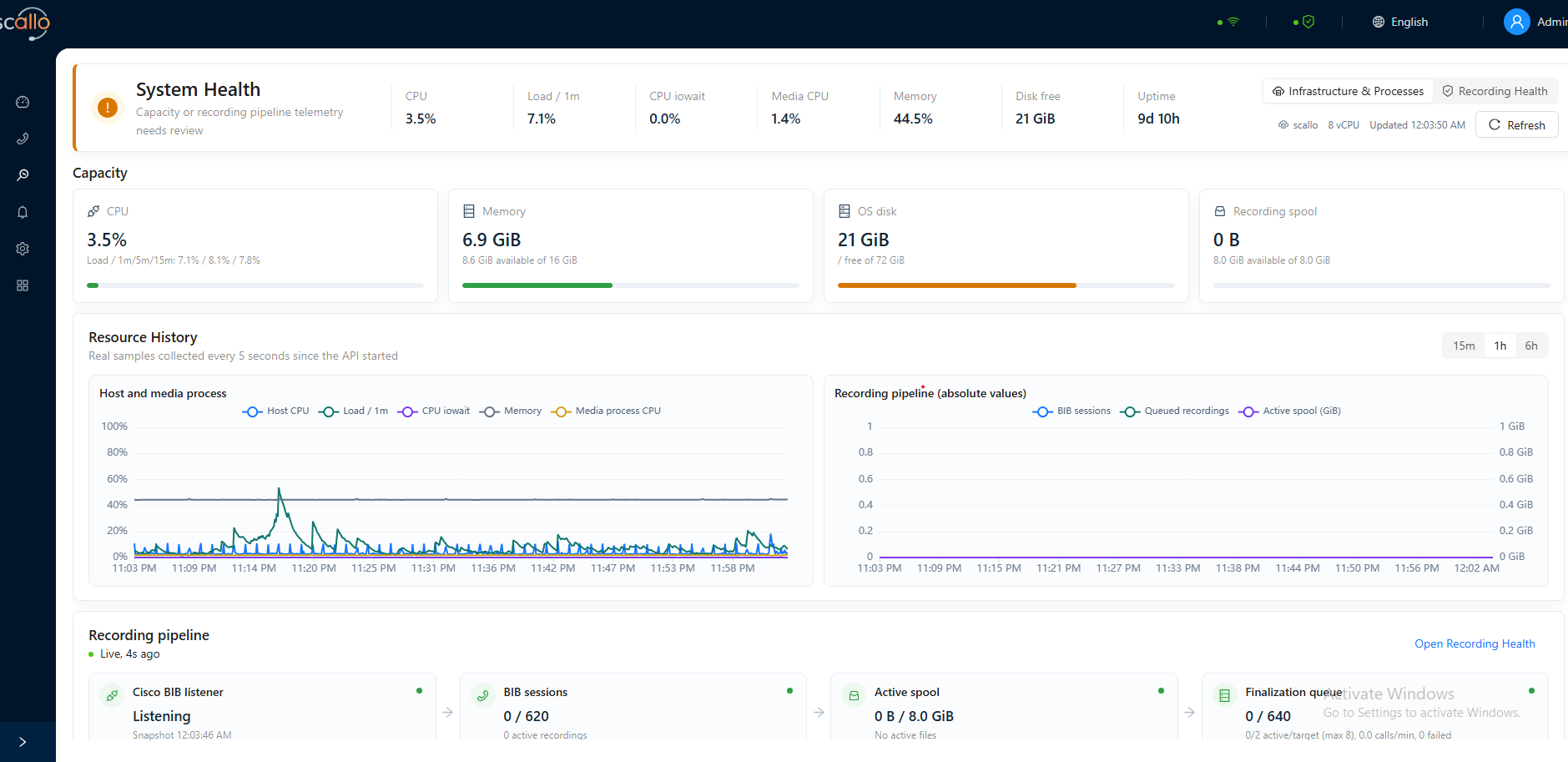 Scallo System Health overview showing capacity, resource history, and recording pipeline status
