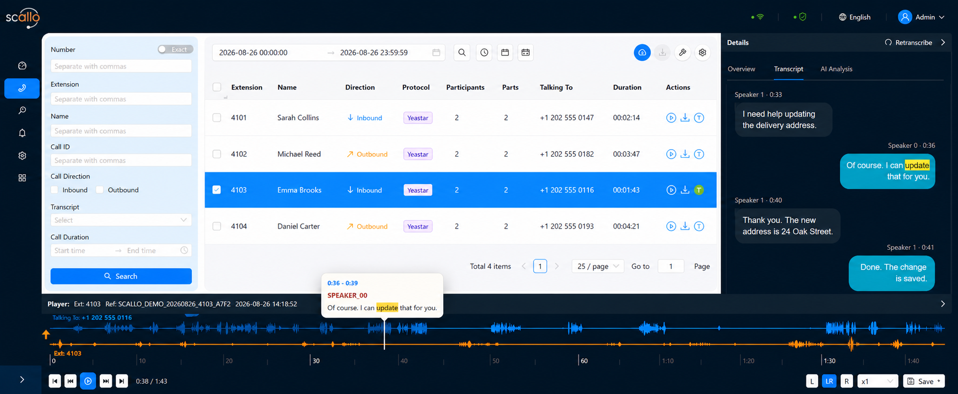 Scallo call records, synchronized English transcript, and waveform playback with the active word highlighted